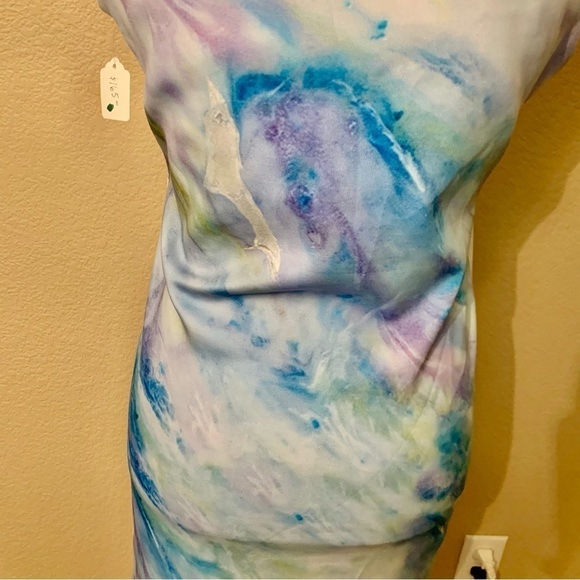 NWT Mini Dress Large by Artist Velia Lala Blues Purples Greens Keyhole Stretchy - Picture 11 of 16